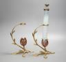 Attributed to W.A.S. Benson, a pair of brass and copper cradle lamps, one with original vaseline glass shade with candle ejector. Total height 31cm                                                                         