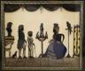 An 18th century style reverse painted glass silhouette, Figures in a drawing room, 31 x 36cm                                                                                                                                