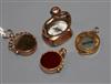 A carnelian set pinchbeck watch fob, two 9ct gold bloodstone/carnelian fobs and a 9ct gold compass fob                                 