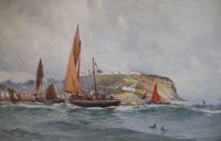 Ernest Dade (1868-1935), Staithes Group Fishing boats returning to Scarborough 19 x 28.75in.                                           