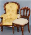 A Victorian style miniature easy chair with deep-buttoned upholstery and a similar miniature dining chair Height of tallest 53cm       