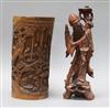 A bamboo brush pot and Chinese hardwood figure tallest 30cm                                                                            