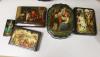 5 Russian Papier mache boxes, decorated with historical scenes, the largest 21 cm                                                                                                                                           