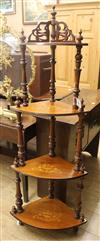 A Victorian inlaid walnut four-tier corner whatnot W.56cm                                                                              