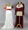 Centerentola: Two red crushed velvet tail jackets with appliqué embroidered white collar, together with three                          