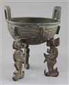 A Chinese archaic bronze tripod ritual food vessel, late Shang/early Western Zhou dynasty, 23cm high, repairs