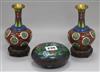 A pair of Chinese cloisonne enamel vases and a box                                                                                     