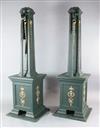 Four large bottle green and gilt painted square based lighting pillars specially made to mount electric spotlights                     
