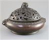 A large Chinese bronze censer, 17th/18th century with 16th/17th century bronze cover, W. 28cm                                          