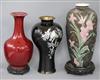 A Japanese mother of pearl enamel vase, a floral vase and another on stand tallest 35cm                                                