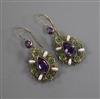 A pair of early 20th century 9ct gold earrings in the "suffragette" colours, set with amethysts, green garnets and pearls, 30mm.       