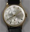 A gentleman's 1960 9ct gold Tudor manual wind wrist watch, on leather strap with Rolex buckle, with Tudor box,                         