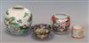 A 19th century Chinese famille verte jar, a 'shou medallion' pot, a damaged teapot and a pedestal dish                                 