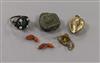 A small group of jewellery including a gem set ring, a 'peach' stone pendant etc.                                                      