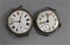 An early 20th century silver military wrist watch and one other early 20th century silver wrist watch (no straps).                     