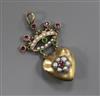 An early 20th century 9ct gold heart and coronet pendant, in the "suffragette" colours, set with garnets?, pearls and green garnets,   