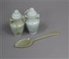 A pair of jade miniature vases and a spoon                                                                                             