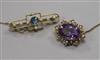 An Edwardian 15ct gold and gem set bar brooch and an Edwardian 9ct gold, amethyst and split pearl set brooch.                          