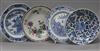 Three Chinese blue and white dishes and a famille rose bowl largest measurement 24cm diameter                                          