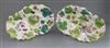 A pair of Chelsea botanical vine leaf dishes, c.1755 and a a pair of similar Bow dishes, c.1758, W. 21.5cm and 26cm, one Bow dish repai