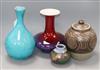 A turquoise glazed art pottery vase, a Chinese flambe vase and two studio pottery vessels                                              