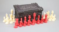 A Jaques London red and white ivory 3 1/2" Staunton chess set, c.1850, 8.25 x 6 x 4in.                                                 