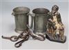 A 'Quart' pair of early English pewter pub jugs, a door stop and pony 'hobbles'                                                        