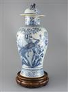 A large Chinese blue and white vase and cover, late 19th century, H.48cm, hardwood stand                                               