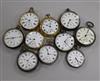 Six silver pocket watches and four others.                                                                                             