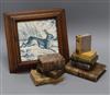 A 'Hare' china teapot stand in wooden frame and eight marble books                                                                     