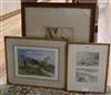 C.R. Yales, watercolour, angler in a landscape, pair coastal scenes & etching                                                          