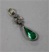 An Edwardian emerald and diamond set drop pendant, 22mm.                                                                               