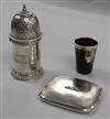 A Victorian silver lighthouse sugar caster, a silver cigarette case and a silver mounted horn beaker.                                  