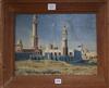 Middle Eastern School, oil on canvas board, View of a mosque, indistinctly signed, 33 x 43cm                                           