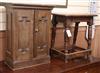 An oak cupboard and a joynt stool W.45cm and 48cm                                                                                      