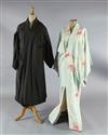 Madame Butterfly: A rail of eleven short multi-coloured woven and printed kimono jackets and twelve full length kimonos                