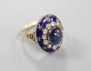 A 19th century French yellow metal (18ct poincon mark), cabochon sapphire, rose and old cut diamond and blue enamel set oval dress ring                                                                                     