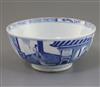 A Chinese blue and white bowl, Yongzheng six character mark and of the period (1723-35), D. 17.5cm, fritting to the rim                