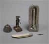 A group of small silver etc. including a mounted thermometer and a mother of pearl fruit knife.                                        