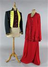 Tosca: A rail of yellow and maroon jackets, a red evening dress and jacket, white cotton nightdresses, a sheepskin                     