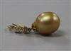 A yellow metal, cultured pearl and diamond set drop pendant, overall 29mm.                                                             