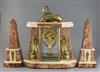 An early 20th century French ormolu and marble Egyptian revival clock garniture, 14in.                                                 