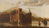 19th century English School, oil on canvas, Flemish landscape with figures overlooking a castle, 30 x 52cm                                                                                                                  