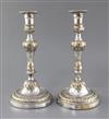 A pair of French Louis XV silver plated candlesticks, 28.5 cm.                                                                         