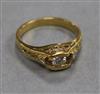 A small 18ct gold and three stone diamond ring, size I.                                                                                