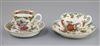 A Worcester 'Jabberwocky' cup and saucer and a 'Dragon in Compartments' coffee cup and saucer, c.1770, H. cups 4.7 and 5.5cm           