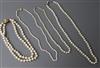 Four assorted cultured pearl necklaces including double strand with 9ct gold clasp.                                                    