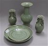 A group of Chinese celadon glazed porcelain vases and two dishes tallest vase 25cm                                                     