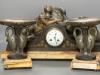 A large Art Deco patinated spelter and marble figural clock garniture, signed P. Seca, longest piece 58cm                                                                                                                   