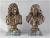 A pair of French bronze busts of Voltaire and Moliere, tallest 13.25in.                                                                